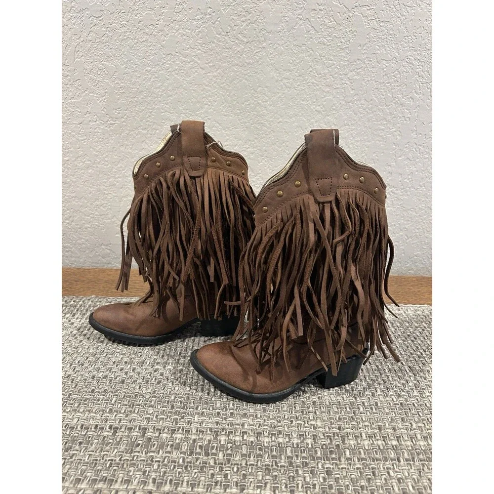 Old West Kids Girls Toddler Fringed Cowboy Boots Brown Leather Size 10